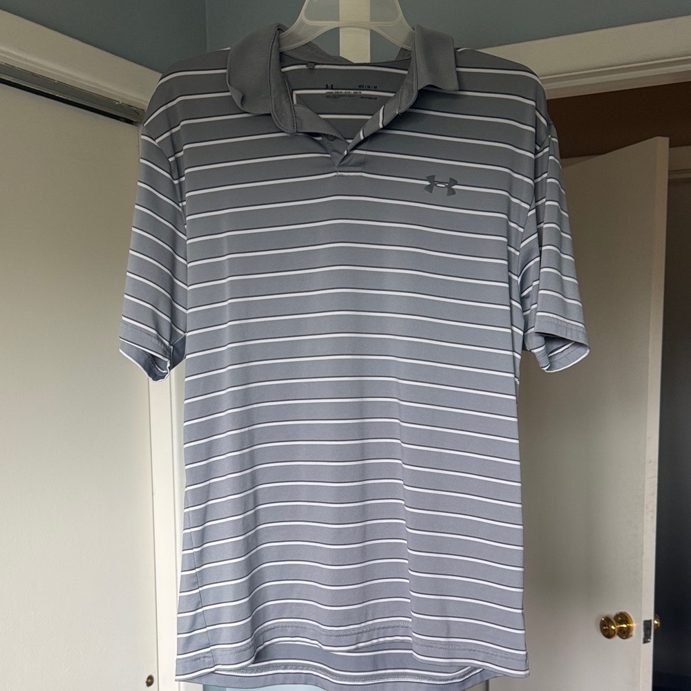 Under Armour Men's Golf Polo Gray White Striped Performance Size M
